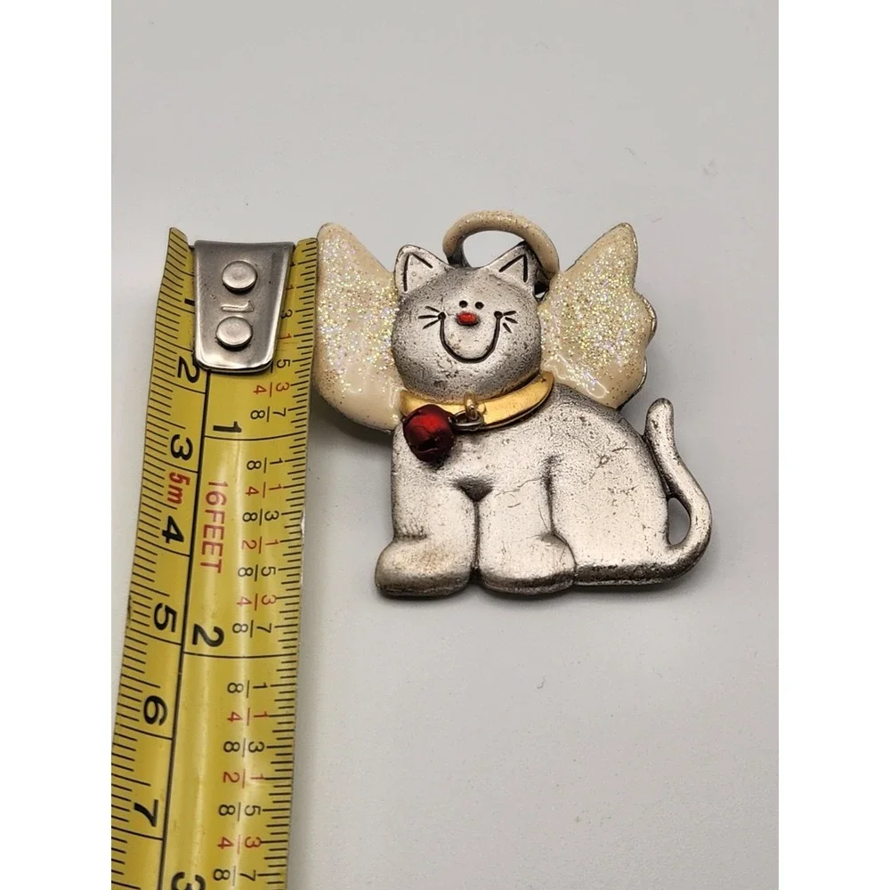 AJMC Purrfect Angel Cat‎ Brooch Vintage Silver Tone Glitter Wings Christmas Pin